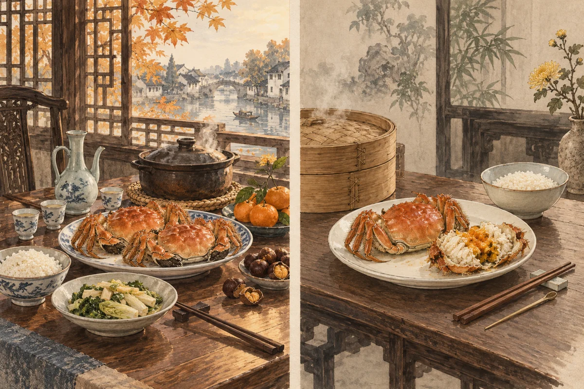 现代水墨插画：一侧是蟹会配餐，一侧是整蟹与自剥的简素餐桌